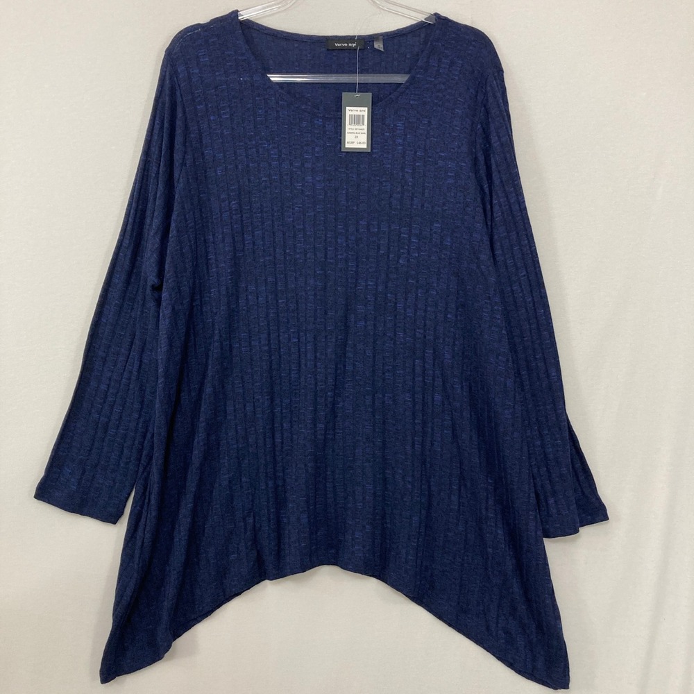 NWT Verve Ami Sharkbite Hem Ribbed Tunic 2X Navy Long Sleeve Marl‎ Knit